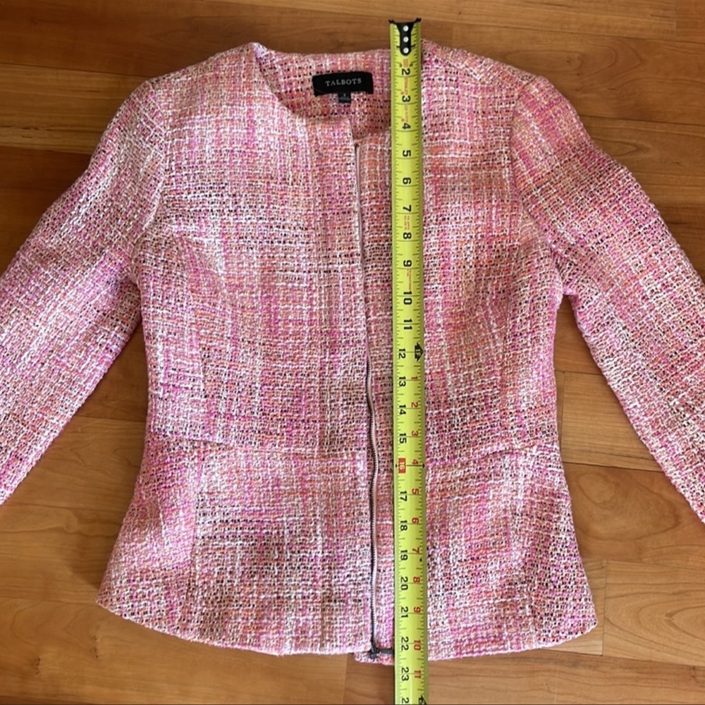 Talbots pink tweed zip up blazer